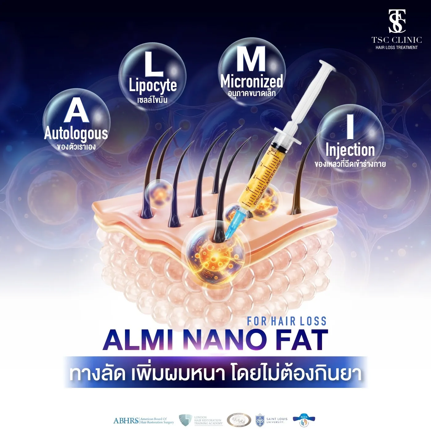 ALMI Nano fat ฟื้นฟูรากผม คลินิก ปลูกผม ทางเลือกใหม่ที่ปลอดภัย ไม่ต้องปลูกผม