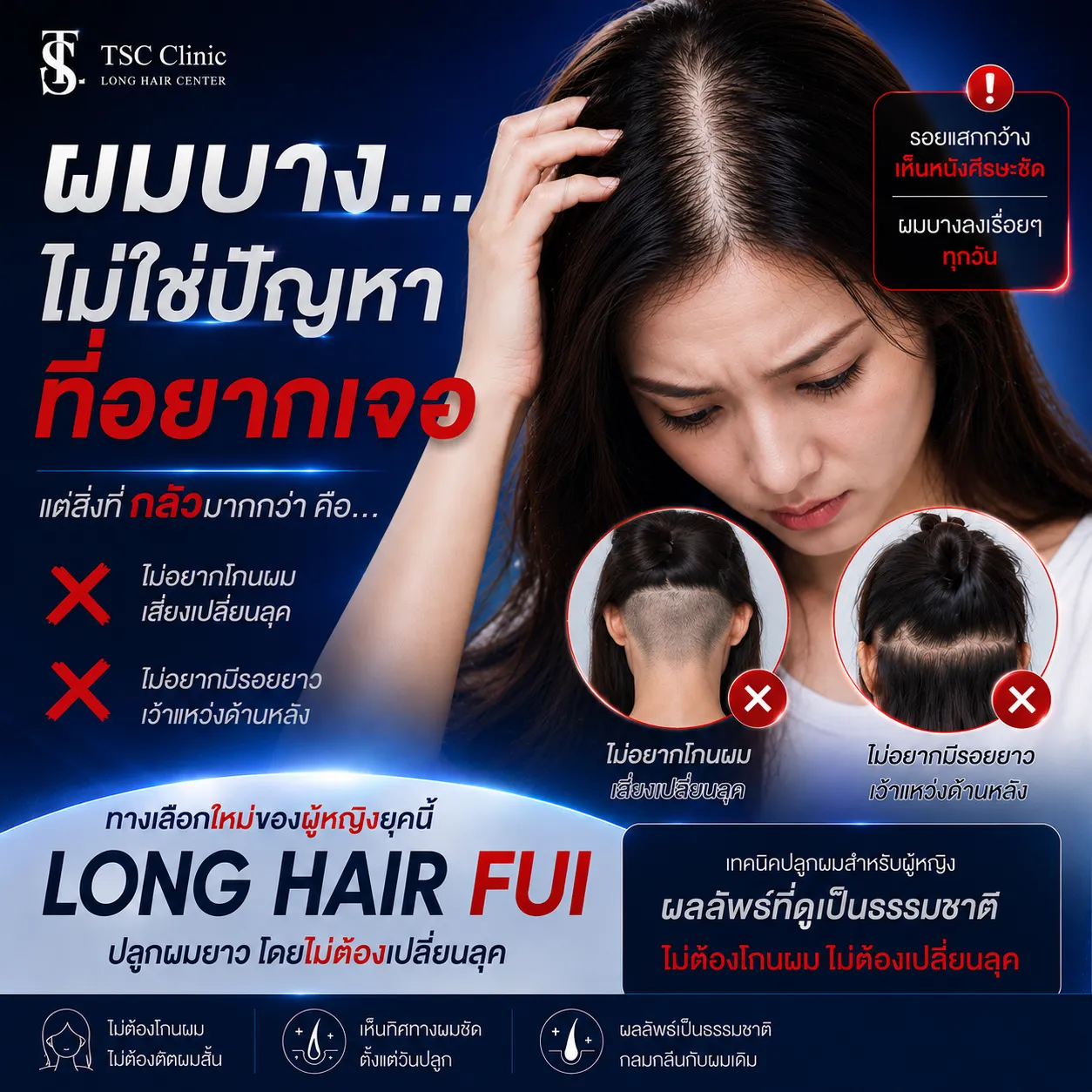 ปลูกผมผู้หญิง Long Hair FUI ที่โรงพยาบาลปลูกผม Dr.Top Hair Hospital